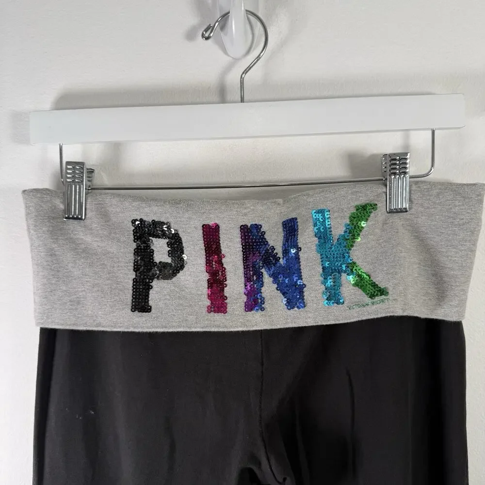 Victoria's Secret PINK Yoga Pants Fold Over Rainbow Bling Bootcut Black Y2K Med